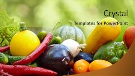  Presentation with fresh fruits vegetables dairy meat - Theme consisting of balanced food - fresh organic vegetables ane fruits background and a  colored foreground
