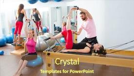  Presentation with exercise trainer - Slides having balancing machine - pilates aerobic personal trainer instructor background and a tawny brown colored foreground