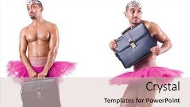  Presentation with ballet - Presentation theme featuring balancing portfolio - man wearing ballet tutu isolated background and a  colored foreground