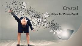  Presentation with explosion - Beautiful theme featuring balancing-young-woman-evading backdrop and a light gray colored foreground