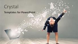  Presentation with explosion - Audience pleasing slide deck consisting of balancing-young-woman-evading backdrop and a light gray colored foreground