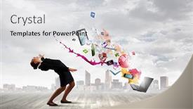  Presentation with explosion - Amazing PPT theme having balancing young woman evading from explosion of ideas backdrop and a light gray colored foreground