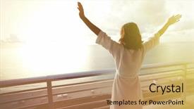  Presentation with woman hands raised to sky - PPT theme consisting of balcony - happy woman with hands up background and a coral colored foreground
