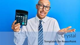  Presentation with business calculator - PPT theme enhanced with bald-business-man-with-beard background and a light blue colored foreground