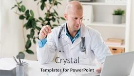  Presentation with front desk - Cool new presentation design with bald clinician in uniform looking through online information while sitting by desk in front of laptop backdrop and a light gray colored foreground