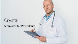  Presentation with prescriptions - Cool new presentation design with bald doctor in eyeglasses and whitecoat making prescriptions in document while standing by wall in isolation backdrop and a light gray colored foreground