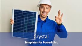  Presentation with solar panel - Cool new slide deck with bald-engineer-man-with-beard backdrop and a ocean colored foreground