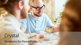  Presentation with crop - Beautiful slides featuring bald male in glasses telling backdrop and a soft green colored foreground