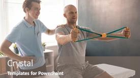  Presentation with resistance - Cool new slides with bald-man-stretching-resistance-band backdrop and a gray colored foreground