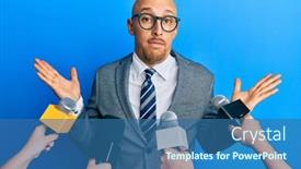  Presentation with microphones - Cool new PPT layouts with bald-man-with-beard-being backdrop and a ocean colored foreground