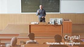  Presentation with front desk - Cool new PPT theme with bald-mature-professor-in-smart backdrop and a red colored foreground