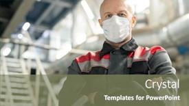  Presentation with polymer - PPT theme featuring bald-mature-worker-in-uniform background and a violet colored foreground