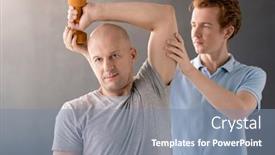  Presentation with supporting - PPT theme having bald-muscular-man-in-grey background and a seafoam green colored foreground