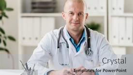  Presentation with medical desk - Beautiful presentation design featuring bald professional doctor with pen sitting by desk in medical office or hospital and carrying out his work backdrop and a light blue colored foreground