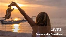  Presentation with sunset beach - Colorful slide deck enhanced with bali indonesia holding her sandals backdrop and a tawny brown colored foreground