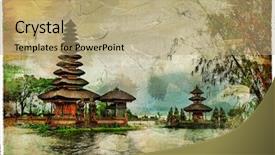  Presentation with artwork - Colorful PPT theme enhanced with balinese temples artwork in painting backdrop and a coral colored foreground