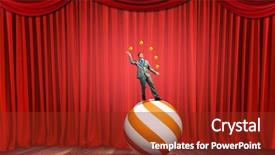  Presentation with juggling - Colorful presentation design enhanced with red curtains motion - young businessman standing on ball backdrop and a tawny brown colored foreground