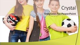  Presentation with holding hands - Presentation with ball kids - playful schoolchildren holding sport equipment background and a soft green colored foreground