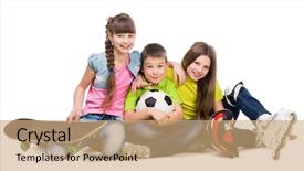  Presentation with children sport - Slide deck consisting of ball sports - three cute children sitting background and a coral colored foreground