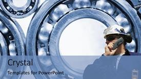  Presentation with worker - Amazing presentation design having ballbearing - industry worker and giant ball-earings backdrop and a teal colored foreground