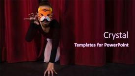  Presentation with curtain - Amazing PPT layouts having ballet dancer wearing mask crawling through the stage curtain backdrop and a wine colored foreground