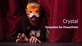  Presentation with ballet - Audience pleasing PPT layouts consisting of ballet dancer wearing mask crawling through the stage curtain backdrop and a wine colored foreground