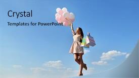  Presentation with balloons blue - Colorful slides enhanced with ballon - beautiful girl holding shopping bags backdrop and a light blue colored foreground