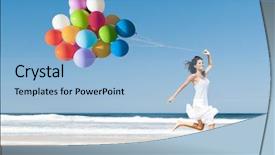  Presentation with girl running on the beach clouds - Colorful slide deck enhanced with ballon - beautiful girl walking backdrop and a light blue colored foreground