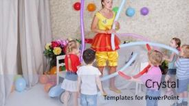  Presentation with play kids - Audience pleasing PPT theme consisting of balloons at funny children party backdrop and a light blue colored foreground