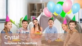  Presentation with happy birthday cake - Presentation theme enhanced with balloons at home over kids background and a coral colored foreground