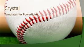  Presentation with baseball - Theme having close-up of wooden bat and baseball ball on artificial green grass background and a cream colored foreground