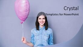  Presentation with balloon decor - Colorful presentation design enhanced with baloon - smiling woman holding balloon backdrop and a light blue colored foreground