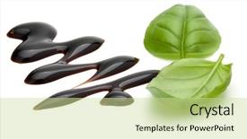  Presentation with salad dressing - Slide set consisting of balsamic vinegar cream and basil leaves isolated on white background italian salad dressing sauce background and a soft green colored foreground