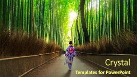  Presentation with traditional japan - Beautiful PPT theme featuring bamboo forest at arashiyama with woman in traditional kinono japan backdrop and a tawny brown colored foreground