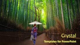  Presentation with traditional japan - Slide set with bamboo forest at arashiyama with woman in traditional kinono and umbrella japan background and a wine colored foreground