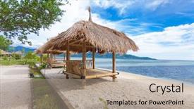  Presentation with hut - Colorful PPT theme enhanced with bamboo hut on beach on sea backdrop and a coral colored foreground