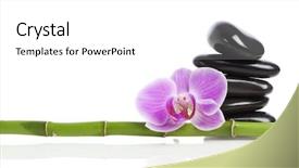  Presentation with balanced stones - Cool new slides with bamboo pole balanced spa stones and pink orchid blossom isolated on white background backdrop and a white colored foreground