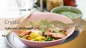  Presentation with thai food - Presentation with bami-haeng-mu-daeng-egg background and a coral colored foreground