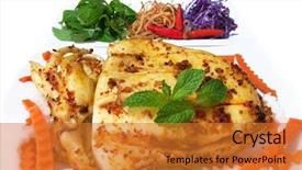  Presentation with food satay - Colorful presentation design enhanced with banana blossom - delicious roasted cuttlefish with satay backdrop and a gold colored foreground