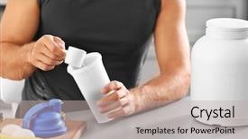  Presentation with protein shake - Audience pleasing PPT layouts consisting of banana powder - man preparing protein shake backdrop and a mint green colored foreground