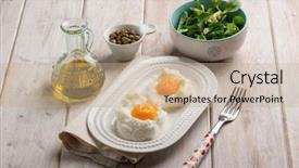  Presentation with owen - Presentation consisting of banana powder - owen eggs eith salad capers background and a coral colored foreground