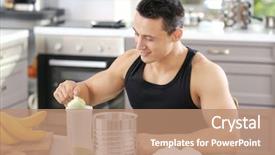  Presentation with protein shake - PPT theme consisting of banana powder - young sporty man preparing protein background and a coral colored foreground