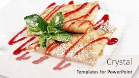  Presentation with powdered - Amazing slides having banana stuffed pancakes served with berries syrup fresh mint leaves and powdered sugar isolated on white background backdrop and a lemonade colored foreground