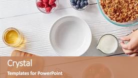  Presentation with nuts milk - Audience pleasing presentation theme consisting of strawberries bananas - preparing breakfast a woman's hand backdrop and a coral colored foreground