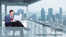  Presentation with computer - Slide deck consisting of bance - businessman with laptop computer background and a  colored foreground