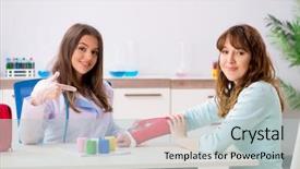  Presentation with bandaging - Colorful PPT theme enhanced with bandages - female doctor traumatologist bandaging female backdrop and a  colored foreground