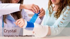  Presentation with bandaging - Theme consisting of bandages - female doctor traumatologist bandaging female background and a lemonade colored foreground