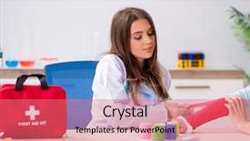  Presentation with bandaging - Slide set having bandages - female doctor traumatologist bandaging female background and a coral colored foreground