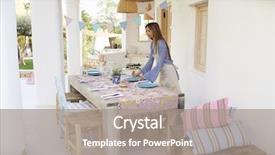  Presentation with man watching woman preparing vegetables - Colorful slide deck enhanced with banderitas - young woman prepares table backdrop and a gray colored foreground