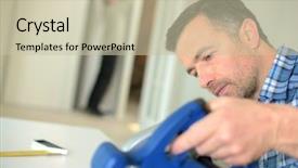  Presentation with carpenter - Presentation design with bandsaw metal tool - carpenter using an electric saw background and a soft green colored foreground
